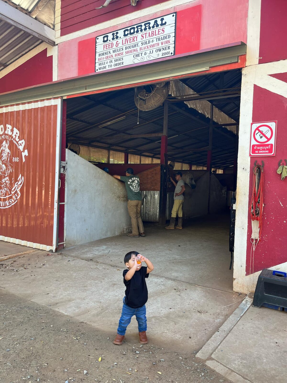 The Cunningham family's son at a Texas livery stable